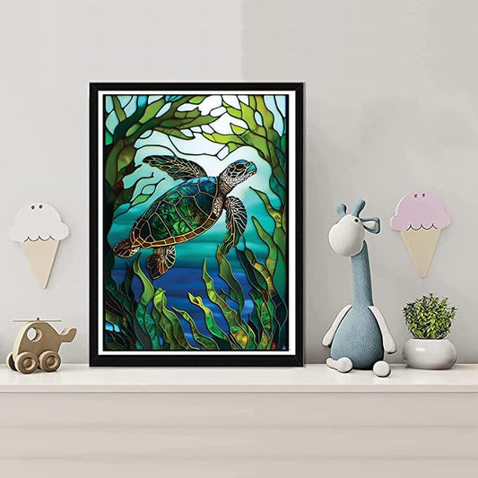 KTHOFCY 5D DIY Diamond Painting Kits for Adults Kids, Sea Turtle Stained Glass Full Drill Embroidery Cross Stitch Crystal Rhinestone Paintings Pictures Arts Wall Decor Painting Dots Kits 15.7X11.8 in