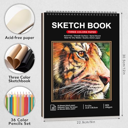 9×12 Sketchbook Kit with 36 Colored Pencils, 30 Sheets, Black | Acid-Free 100gsm Paper, Top Spiral Binding, Tear-Out Pages, Hard Cover, for Sketching And Dry Media - size: 9x12 inch Kit