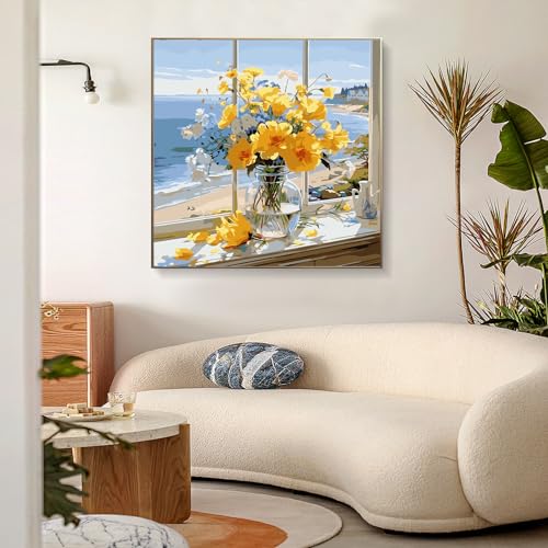 PRASIO Framed Paint by Numbers Kit for Adults Beginner with Easel, Flowers Adult Paint by Number Kits on Canvas Framed, DIY Acrylic Watercolor Oil Paint by Number with Frame for Home Decor 16x16 Inch - color: XM-OP-Framed-YellowFlower