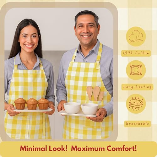 Native Fab Kitchen Apron 2 Pack - 100% Cotton Adjustable, Durable Apron with Pockets, Perfect for Cooking, Baking, Grilling - color: Buffalo, Lemon Yellow