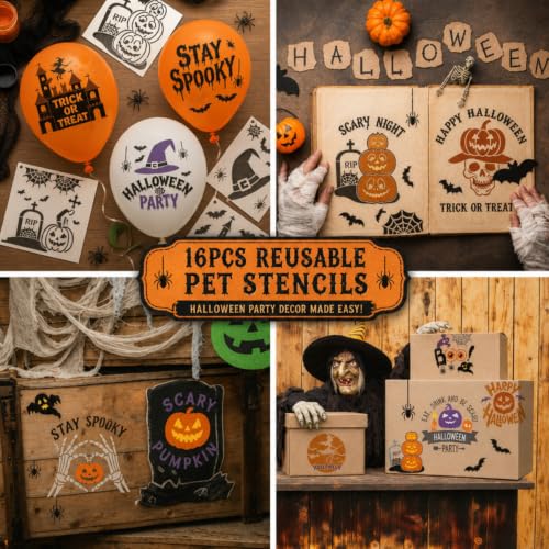 16 Halloween Quote Stencils for Candy Table Signs, Porch Decor, Party Cards | 6 Inch Reusable PET Sheets for Invite Boards, Tiered Trays, Classroom Signs, and Smooth Surface Lettering - color: Halloween