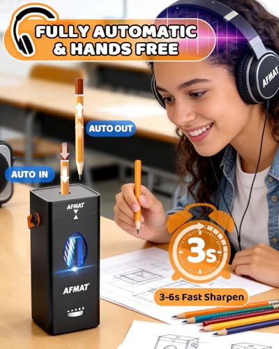 AFMAT Electric Pencil Sharpener, Fully Automatic Pencil Sharpener for 6-12mm No.2/Jumbo Pencils, Auto in & Out, 5 Sharpness Modes, Rechargeable Heavy Duty Sharpeners for Classroom/Home/Office PSC7 - color: Black