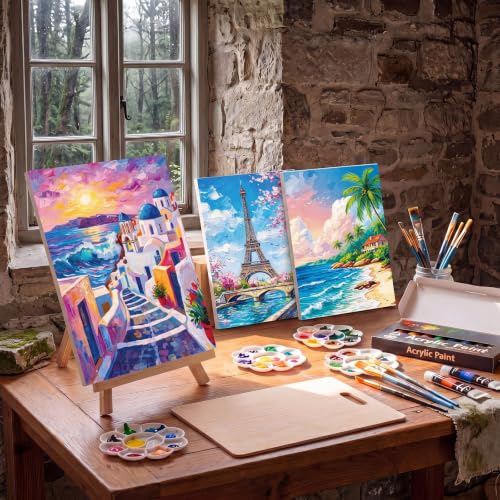 Ctosree 72 Pcs Seaside Scenery Paint and Sip Kit for Adults 8'' x 10'' Pre Drawn Canvas for Painting DIY Pre Printed Canvas for Party Favor Acrylic Painting Kit Wood Easel Brushes Date Night Bulk - style: Seaside Scenery