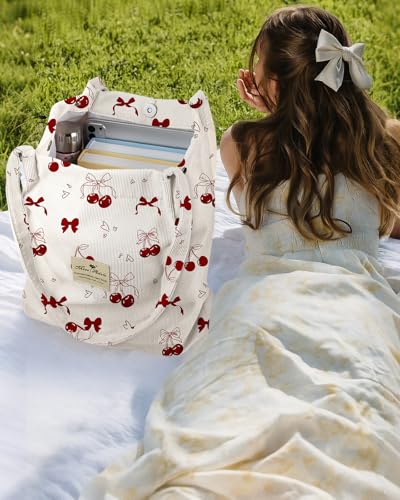Miss Adola Corduroy Tote Bag for Women with Aesthetic Design | Magnetic Buckle & Pocket, Reusable, Soft, Roomy, Long Shoulder Handles, Double-sided Print, Casual Daily Work, Grocery Bags - color: Bow Cherry