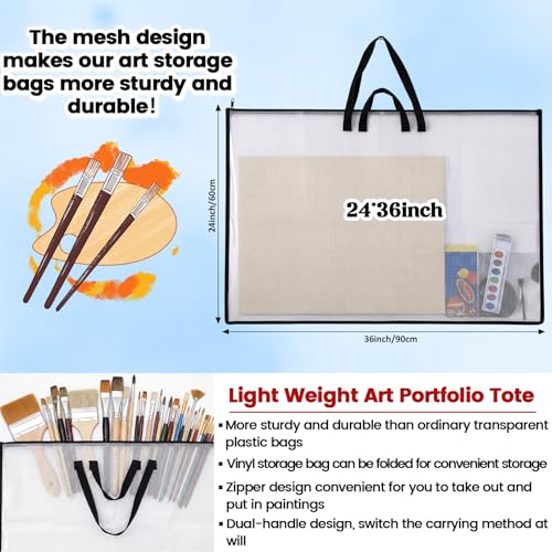 Shinylin 24x36 Inch Artwork Storage Organizer Large Poster Storage for Diamond Painting Cardboard Portfolio Collection Bag with Zipper and Two Handles Transparent Waterproof for Art Work Scrapbook