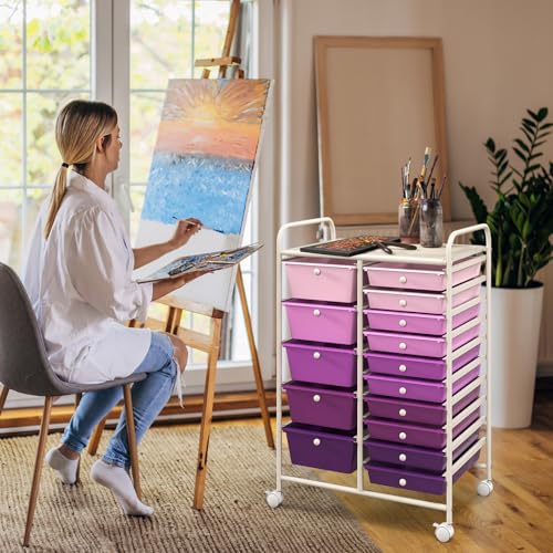 15 Drawer Rolling Storage Cart, Rolling Cart with Drawers for Classroom, Art Supply Craft Organizer on Wheel with Metal Frame & Handles for Home Office School - color: Gradient Purple, size: 15 Drawer