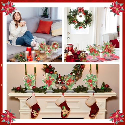 Kosiz 9 Pcs Christmas Poinsettia Flower Diamond Painting Tabletop Decorations Christmas Diamond Art Kits for Adults Double Sided Acrylic Table Centerpieces for DIY Crafts Home Party Decor Xmas Gifts - style: Christmas Flower