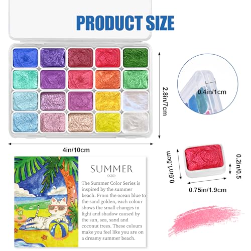 CraftyManor Mini Glitter Watercolor Paint Set, 20 Colors Shimmer Metallic Watercolour Painting Sets, Solid Pearl Water Color Paints for Adult, 1ml Trial Pack(Summer)