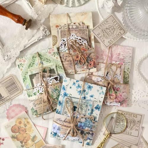 Wmhanler 400Pcs Scrapbook Supplies Vintage Scrapbook Paper Floral Junk Journal Stickers Journaling Supplies for Bullet Journaling, Retro Crafts, Planner, Collage Card Album