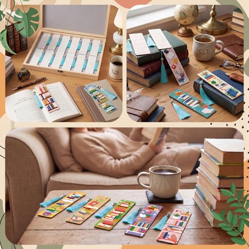 Kosiz 12 Pcs Book Paint by Number Kit for Adult Wood Bookmark | Mini Paint by Numbers Kit, Painting Decor, Back to School Tassels Blank Bookmark, for Small DIY Craft Book Lovers Gift 7x2 '' - style: Book