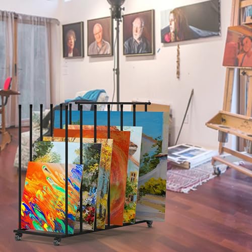 Art Storage Rack, Art Canvas Storage, Canvas Boards Rack Art Storage with Handle & Caster Wheels for Drawing Board, Panel, Paper Pad for Art Studios, Artworks, Gallery, Black