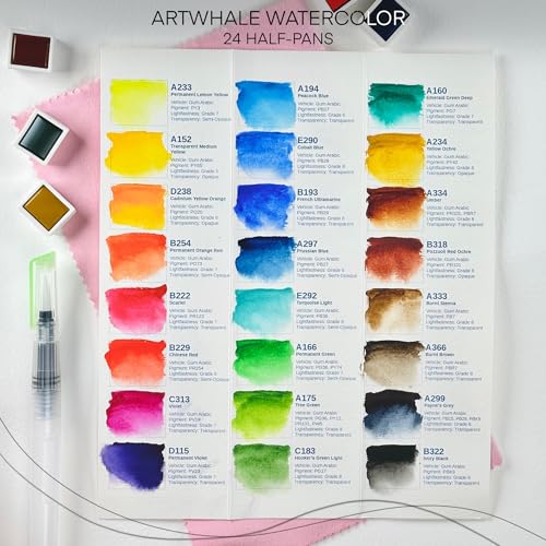 Watercolor Paint Set 24 Colors in Half-Pans|Tin Box&Waterbrush|Pro-Grade Pigments - size: 24 Count (Pack of 1)