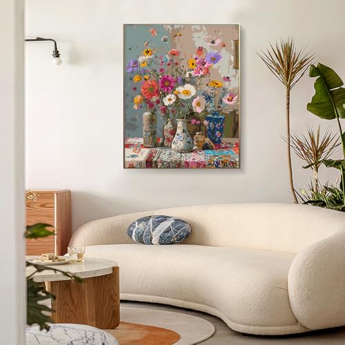 PRASIO Framed Paint by Numbers Kit for Adults Beginner, Vintage Flowers Adult Paint by Number Kits on Canvas Framed, DIY Acrylic Watercolor Oil Paint by Numbers with Frame for Home Decor 16x20 Inch - color: XM-OP-F-ColorfuVases-4050