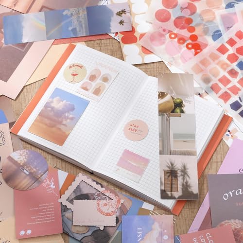 imoon Scrapbook Photo Album Supplies Kit with Tweezers and Glue Tape – Romantic Aesthetic Junk Journal Kit, Scrapbooking Paper, Sticker Pack, Notebook, DIY Craft, Gift for Adults (Sunset) - color: Sunset