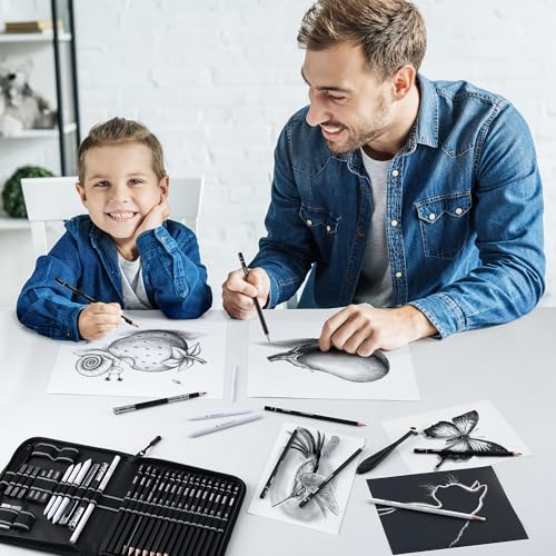 HIFORNY 42 PCS Drawing Set, Sketching Kit with Graphite & Charcoal Pencils, Blending Tools, Erasers & Accessories, Portable Zippered Travel Case for Artists & Beginners
