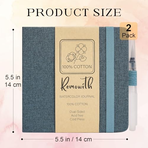 Watercolor Journal Sketchbook 2 Pack 5.5x5.5 Navy Blue | Cotton paper, 24 Sheets each, 140 LB 300 GSM, Linen cover, Tap Water Pen - color: Navy Blue, size: 5.5x 5.5 Inch 2 Pack