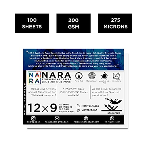 NARA Alcohol Ink Paper | White | 12 inches x 9 inches (12”x9”) | 275 microns/200 GSM | 100 Sheets| Medium Paper | Paper for Alcohol Ink Art Painting | 100% Stain-Free - color: White_Rectangle_Paper Sheets_07
