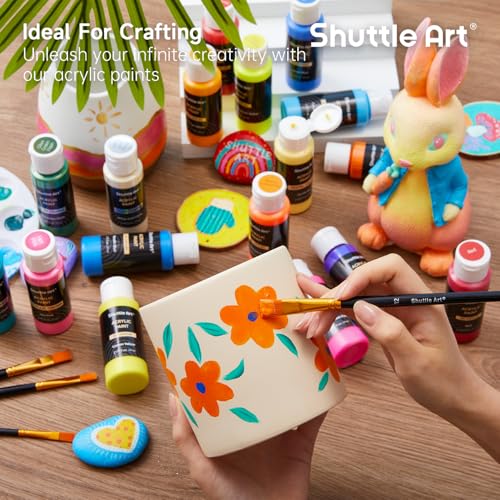 Shuttle Art 100 Colors Acrylic Paint, 2oz/60ml Bottles, Include 2 Sets of 12 Paint Brushes, 1 Art Sponge & Palette, Premium for Artists, Beginners & Kids on Canvas Rocks Wood Ceramic - color: Regular, size: 2 Fl Oz (Pack of 100)