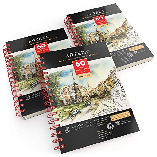ARTEZA Mixed Media Sketchbook, 5.5 x 8.5 Inches, Pack of 3, 60 Sheets Each, Micro-Perforated Spiral-Bound Paper Pad for Wet and Dry Media - size: 5.5"x8.5" (Pack of 3)