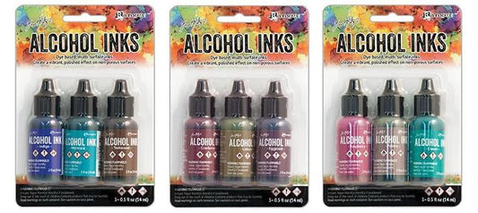 Tim Holtz Ranger Alcohol Inks Bundle - Raspberry, Eggplant, Pebble, Teakwood, Mermaid, Indigo, Cranberry, Lettuce, Clover and Blending Solution - with 5 Glass Misters and Trebbies Detail Sticks
