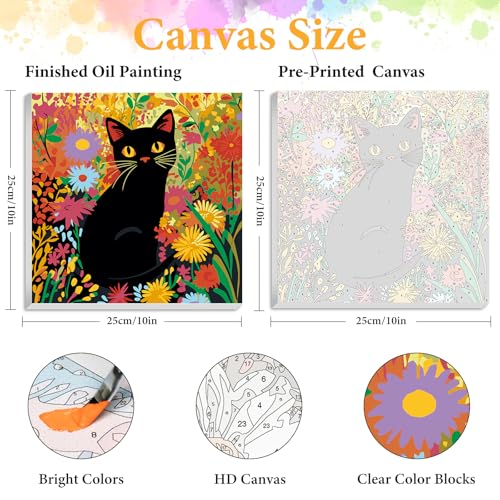 Framed Paint by Numbers Kit for Adults, Black Cat & Flower Decor 10x10 Inch | Paint by Number with Frame, DIY Acrylic Painting Kit for Relaxation, Easy for Beginners, Wall Decor Gift for Cat Lovers - color: OPFUS2504-08