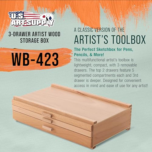 U.S. Art Supply 3-Drawer Artist Tool Supply Box with Storage Drawers | 5 Compartments per Drawer - Hardwood Art Box for Artist Supplies, Brushes, Pencils, Erasers, Tool Storage Organizer Case