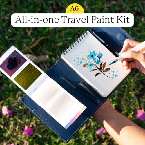 Viviva Colors A6 Travel Paint Set – Portable Watercolor Paint Kit | Includes Set of 16 Watercolors, 240 GSM Ivory Sketchpad, A6 Vegan Leather Case, Waterbrush & Marker - size: A6 Travel Paint Kit, style: A6 Size (handy & compact)