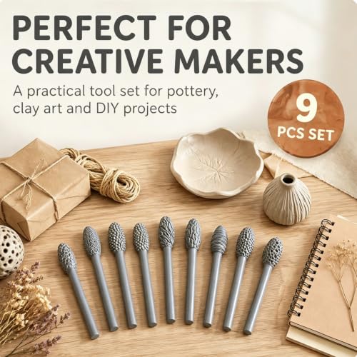 Clay Texture Roller for Art Projects,5/9/18pcs Modeling Pattern Rollers Kit, Single Head/Double Head, Roller Stick, Clay Bead Roller,Clay Texture Tools for Art (Single Head 9pcs) - color: Single Head 9pcs