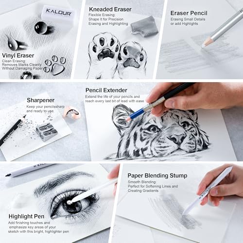 KALOUR 113PCS Drawing Set, Professional Sketching Kit with 3-Color Sketchbook,Graphite & Charcoal Pencils, Wooden Mannequin, Art Tools in Zipper Case, Art Supplies for Beginners & Artists Gift