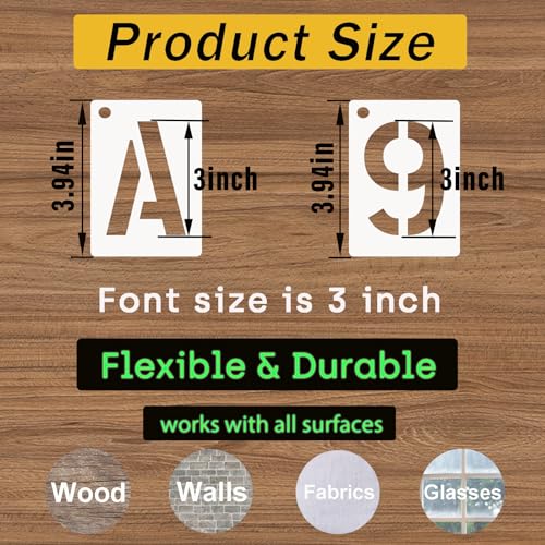 3 Inch Letter and Number Stencils, 68 Pcs Reusable Plastic Alphabet Spray Paint Stencils for Painting on Wood, Wall, Fabric, Rock, Signage, Door Porch, DIY Art Projects - size: 3 Inch
