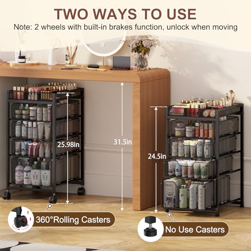 5-Tier Rolling Makeup Cart Organizer with 4 Drawers, Cosmetics Display with Dividers, Floor Skincare Storage with Wheels, Versatile Vanity Organizer for Nail Polish Perfume Brush Hair Tool, Black - color: Black, size: 5 Tier with 4 Drawers