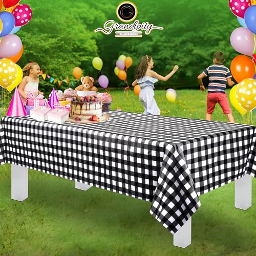 Grandipity Plastic Table Cloth Disposable 12 Pack 54” x 108” Rectangle | Black Gingham Plastic table covers, durable disposable tablecloths, fade and tear-resistent table cover for party, event - color: Black Gingham, size: 54in. x 108in. Rectangle