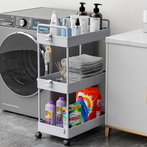 Ronlap 3 Tier Slim Rolling Storage Cart with Wheels Utility Organizer, Grey | For bathroom, laundry, kitchen, bedside & dorm. Fits art, craft, snack, makeup, nail, diaper & postpartum baby supplies - color: Gray