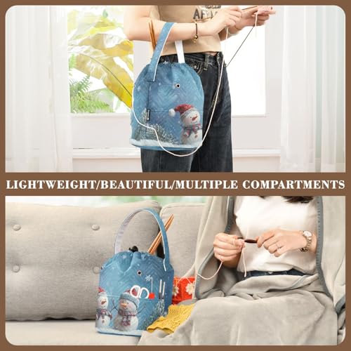 Yarn Bag Small Crochet Bag Drawstring Yarn Storage Organizer Knitting Project Bags Potable Yarn Holder with Holes Handle Crocheting Needles Knitting Accessories Blue Snowmen - color: Blue Snowmen