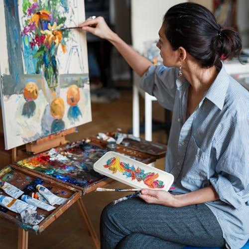 White Ceramic Paint Palettes Tray 9.4" x 3.8", Square Porcelain Large Mixing Area Palette, Artist Watercolor Tray for Gouache, Tempera, Acrylic, Oil Painting