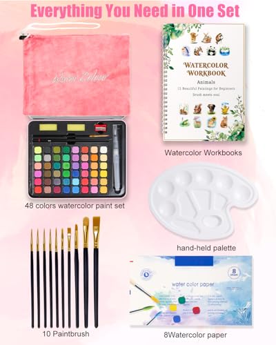 48 Colors Watercolor Paint Set for Adult Beginner with Watercolor Workbook | ,Palette, Brushes & Storage Bag, Animal Water Coloring Books, Beginner-Friendly Step-by step Watercolor Books - color: c-48clolor-animal