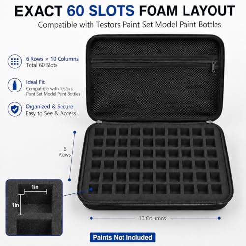 Model Paint Storage Case for Testors, Holds 60 Bottles, Paints Not Included | 9 Detail Brushes Included, Hard Shell Carrying Bag, Foam Slots, for Model Builders, Miniature Painters, Home Travel, Black - color: Black