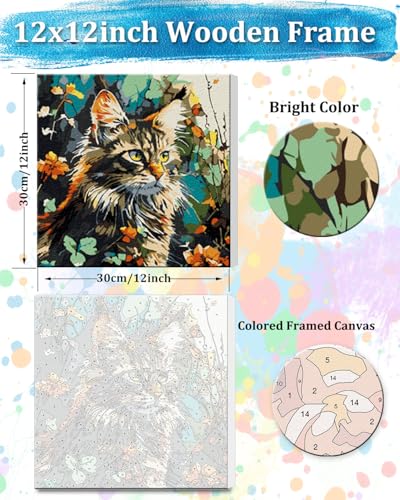 TOCARE Framed Paint by Numbers Kit for Adults Beginners, 12x12inch Cat Paint by Number with Frame,Easy Dragon Li Cat Paint by Numbers Framed Canvas(Without Easel) - color: TC-F-223