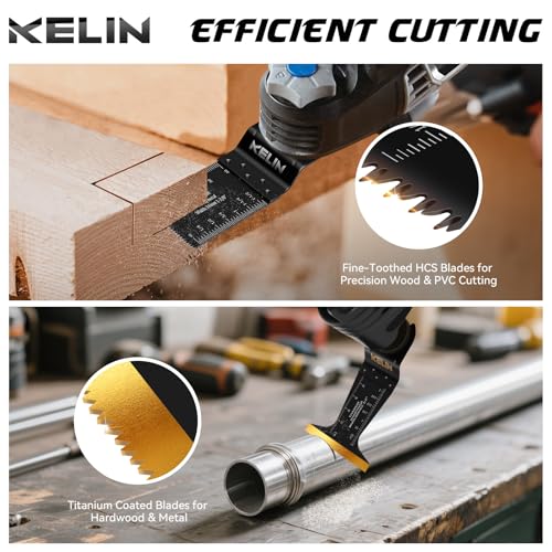 KELIN 116pcs Titanium Oscillating Tool Blades, Universal Multitool Blades | 4 Types Titanium Saw Blades for Wood, Metal, Drywall, Pipes – Fits Dewalt, Bosch, Milwaukee & 98% Oscillating Tools - size: 116 PCS