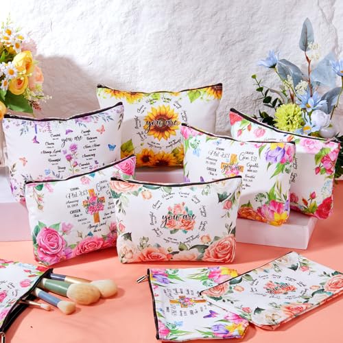 Christian Makeup Bags Bulk, 12 Pcs Inspirational Bible Verse Gifts for Women, Floral Canvas Zipper Bags with You Are Scripture Design for Mother's Day Church Group - style: Classic