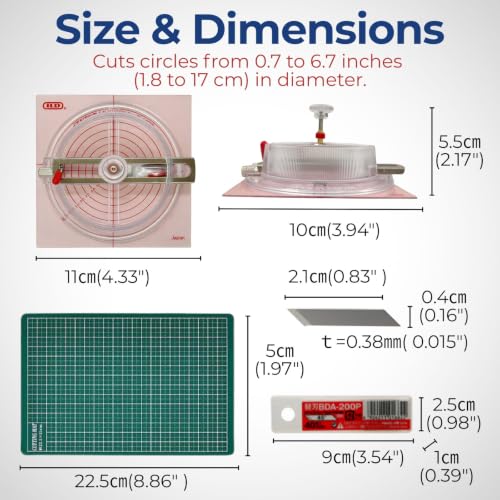 NT iC-1500P Circle Cutter Set with Center Gauge, Adjustable Paper Craft Tool, Blades (BDA-200P) + Cutting Mat, Made in Japan