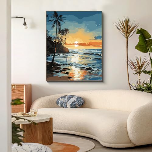 PRASIO Paint by Numbers Kit for Adults Beginner, Beach Paint by Number, DIY Acrylic Adult Paint by Number Kits on Canvas for Home Decor Gift 16x20 Inch - color: xm-op-02