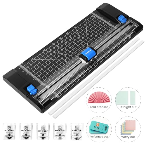 Paper Cutter, 12 Inch Rotary Trimmer, 5 Blades 4 Functions, Up to 6 Sheets Cut, with 2 Reversible Cutting Mats, Black Patent for Cardstock Scrapbooking