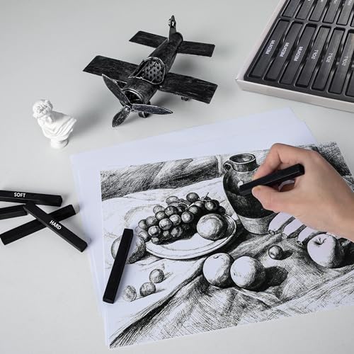 24 Pcs Compressed Charcoal Sticks with Soft, Medium, Hard and White Charcoal, Square Vine Charcoal Stick Kit for Drawing, Sketching and Shading, Art Supplies for Artists Beginners