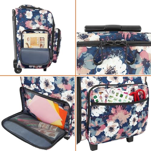 YOREPEK Large Rolling Craft Bag Wheels, Briefcase Gift for Crafter Teacher | Roller Scrapbook Tote, Water Resistant Scrapbooking Rolling Briefcase for Scrap Book Stickers Supplies and Tools, Floral