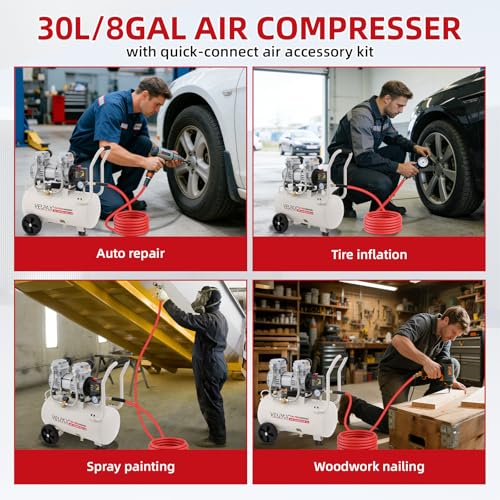 Ultra Quiet Air Compressor, Only 68dB, 8 Gallon Tank, Oil-Free, 110V/60Hz 2.15HP, 9.04CFM@115PSI, Air Compressor Perfect for Spray Painting, Auto Repair, Tire inflation, Woodwork nailing - size: 8 Gallon- Enhanced Version