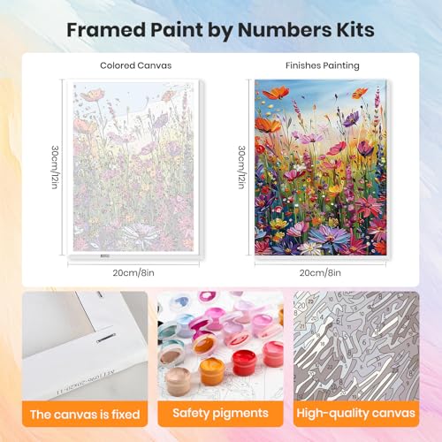 HEIBAGO Framed Paint by Numbers Kit Sea of Flowers for Adults, Paint by Numbers for Adults Beginner, Adult Paint by Number Kits on Canvas, DIY Painting by Numbers for Gift Home Wall Decor 8 x 12 Inch - color: Flowers-4