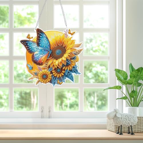 Bowetile Hanging Diamond Art Butterfly Kits for Adults, 5D Special Shape Diamond Painting Sunflower Kits, Diamond Gem Art Suncatchers Painting Pendant Ornament for Home Garden Wall Decor - color: Butterfly, Sunflower