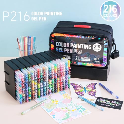 216 Pack Acrylic Gel Pens with Glitter Gel Pen Set, 1.0mm Fine Point