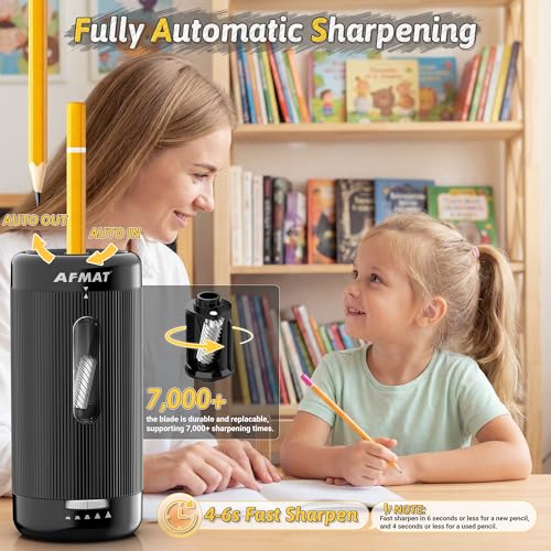 AFMAT Electric Pencil Sharpener, Auto in & Out, 5 Nibs, 7K+ Uses, Fully Automatic Pencil Sharpener for Classroom, Rechargeable Hands-Free Sharpeners for Jumbo/Colored Pencils (φ6.5-12mm) PSC3(Black) - color: Black